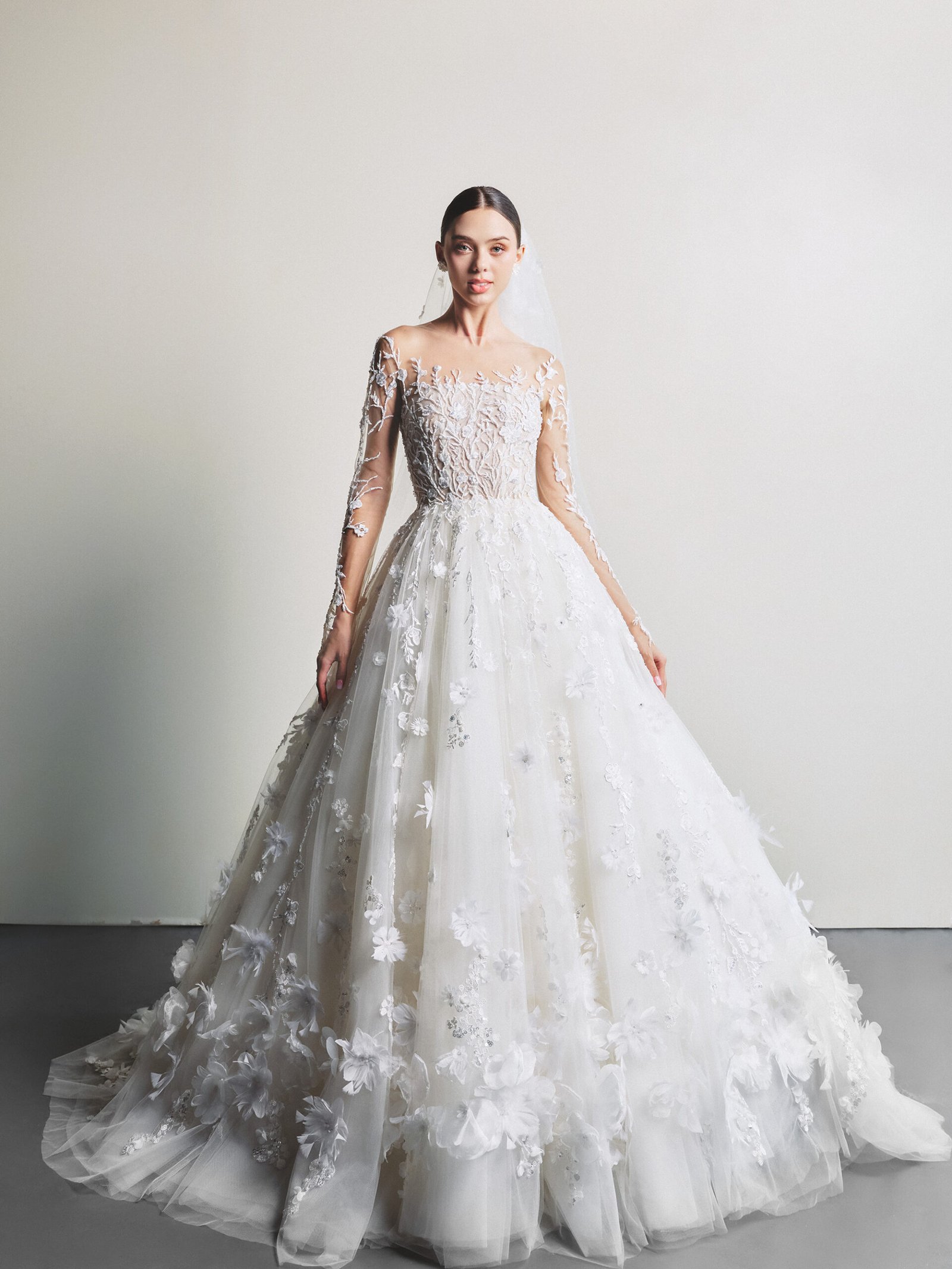 White tulle Lace Embroidered Jewel Neckline Bridal Dress