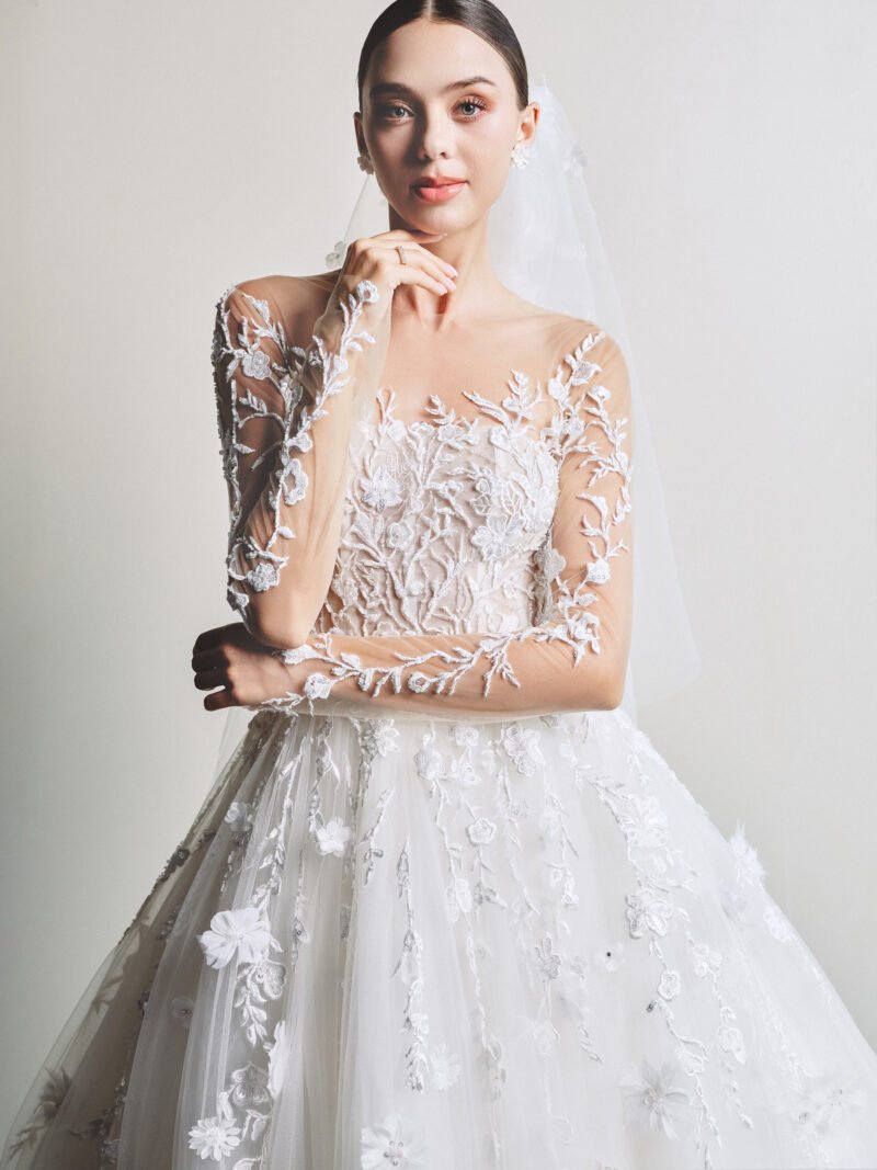 White tulle Lace Embroidered Jewel Neckline Bridal Dress - Image 2