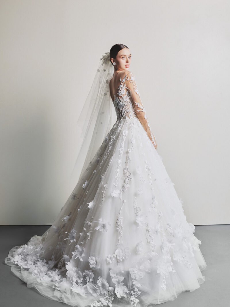 White tulle Lace Embroidered Jewel Neckline Bridal Dress - Image 3