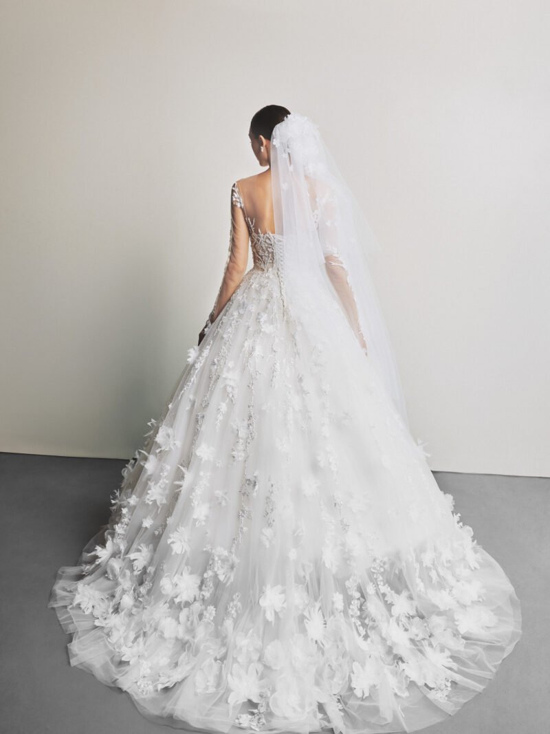 White tulle Lace Embroidered Jewel Neckline Bridal Dress - Image 4