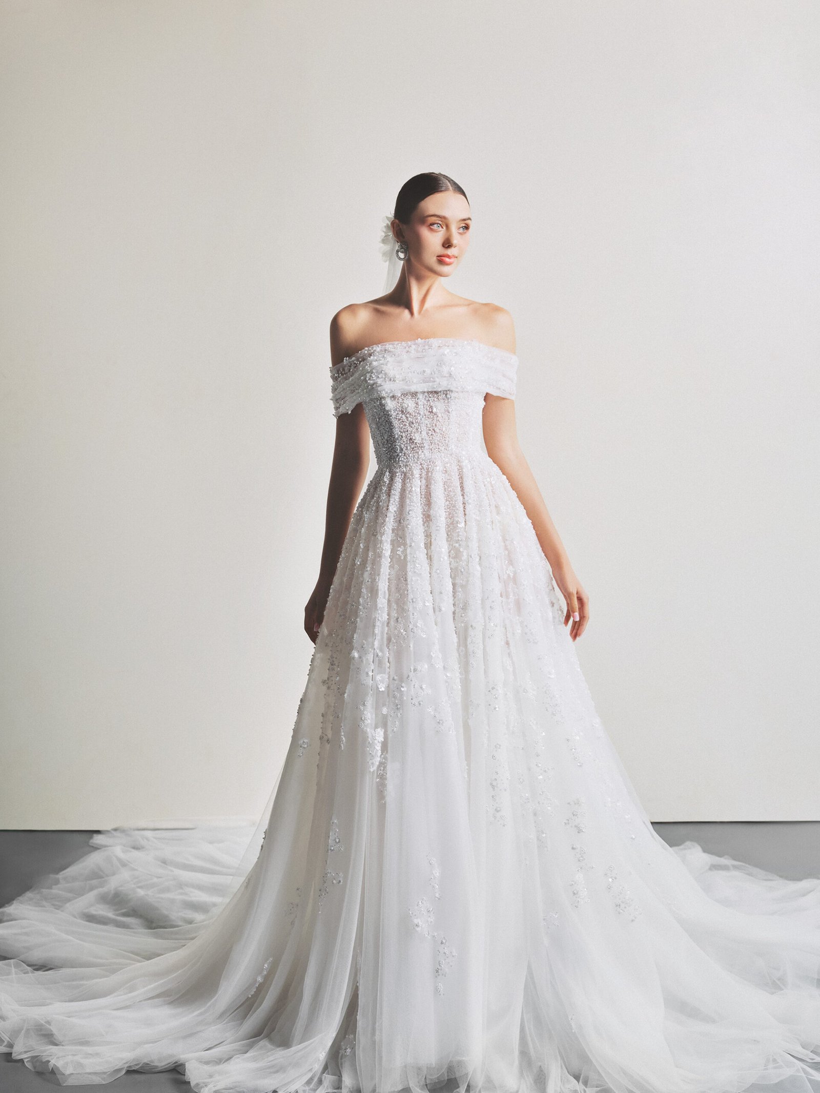 White Tulle Designer Floral Embellished Bridal Gown