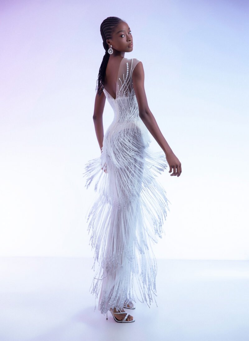 Art Deco Beaded Fringe White Gown with Illusion Neckline - Image 2