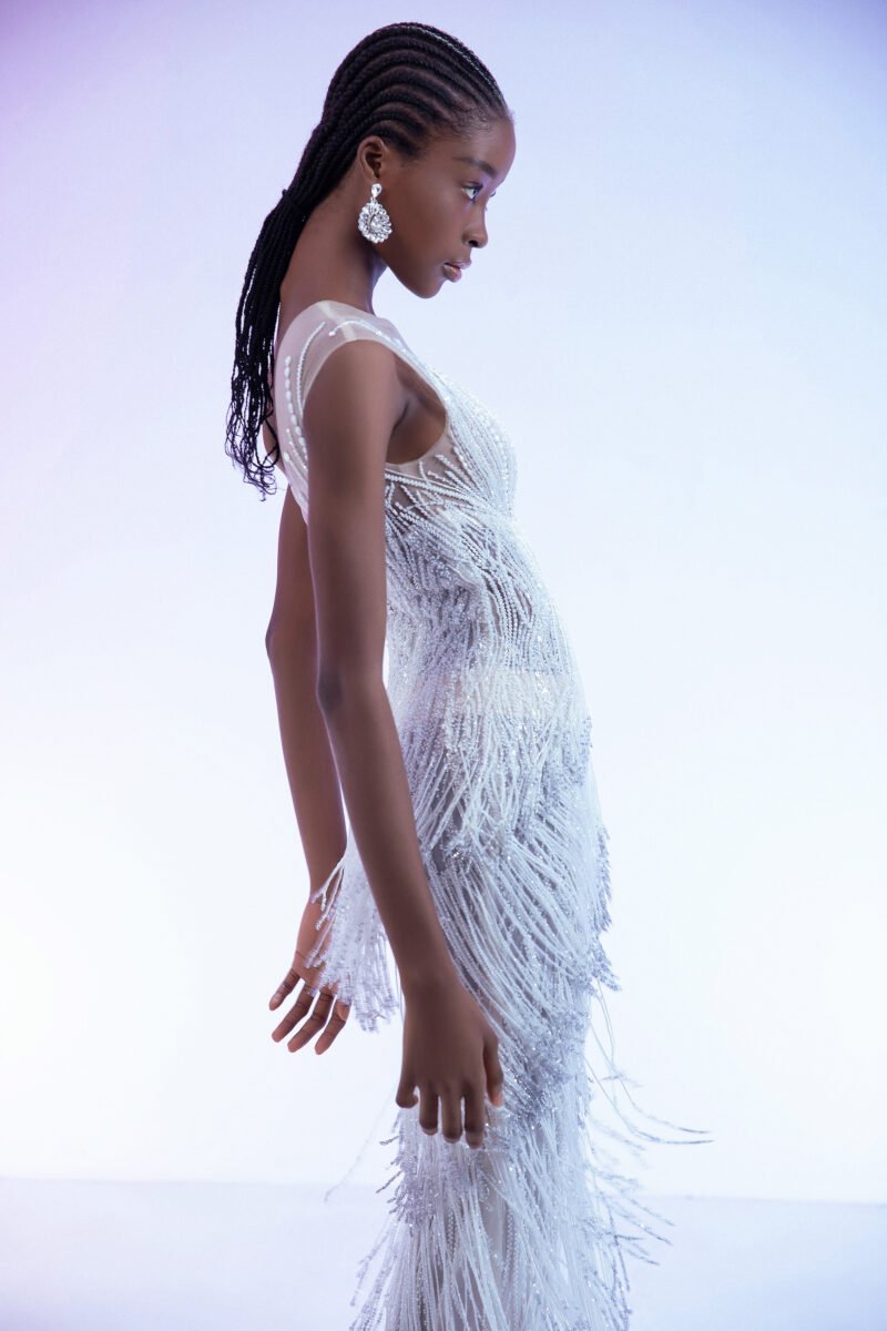 Art Deco Beaded Fringe White Gown with Illusion Neckline - Image 3