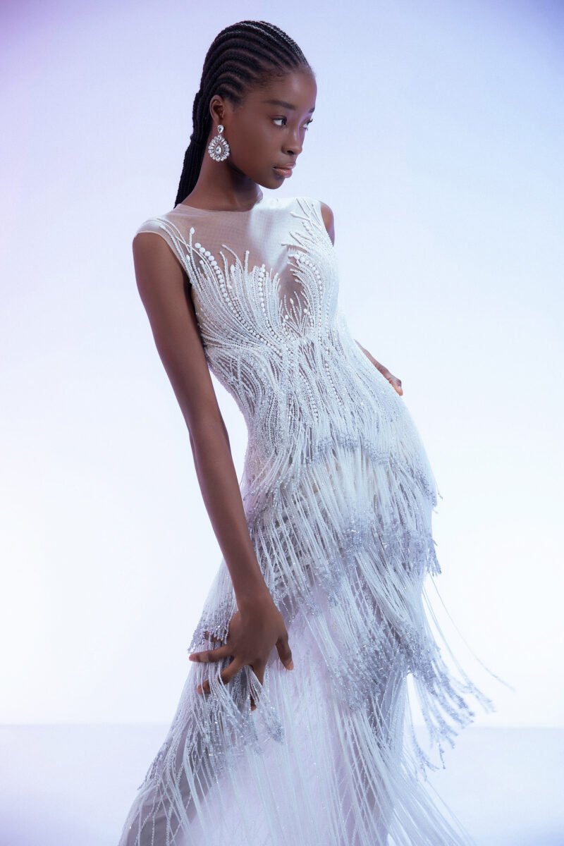 Art Deco Beaded Fringe White Gown with Illusion Neckline - Image 4