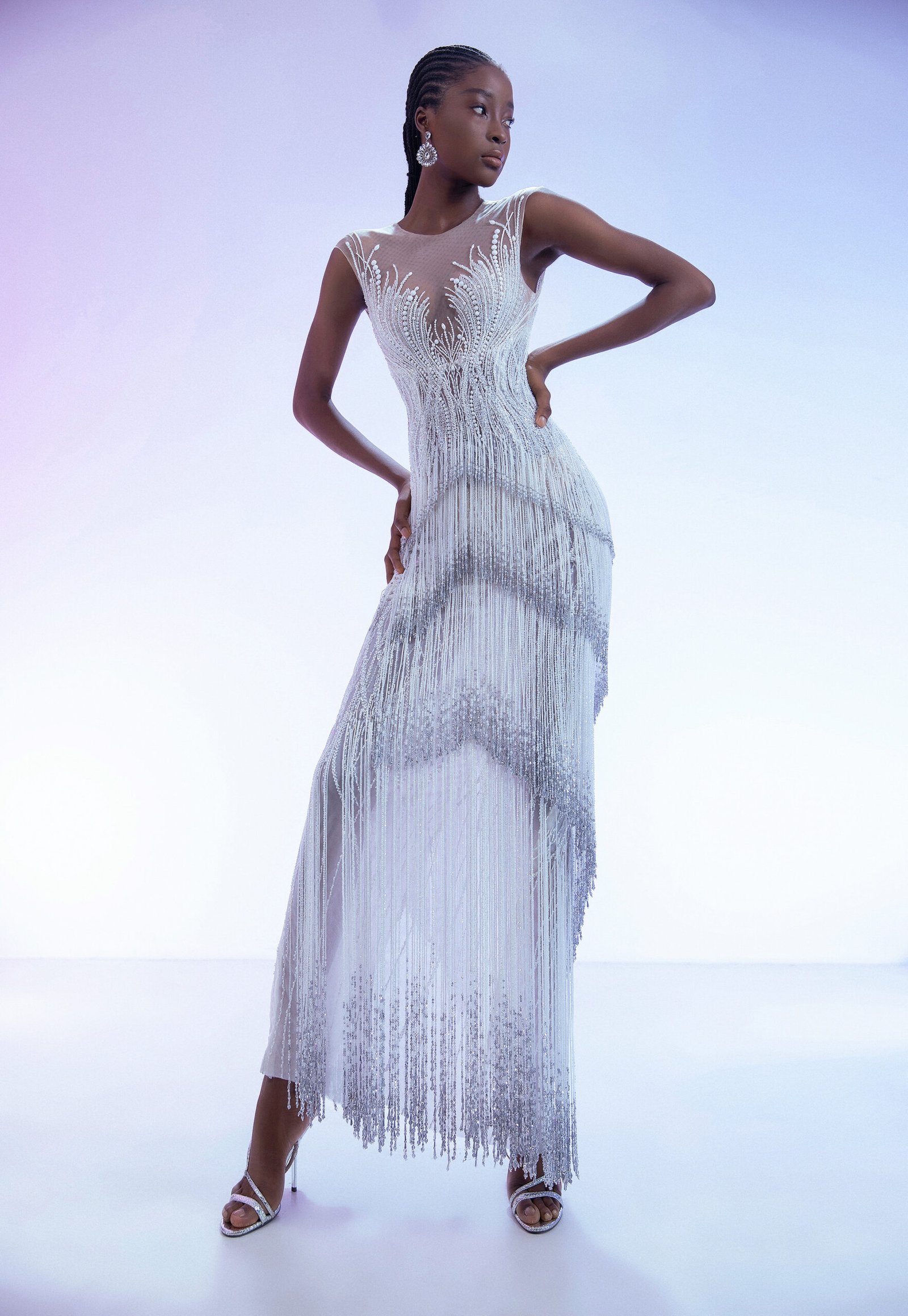 Art Deco Beaded Fringe White Gown with Illusion Neckline