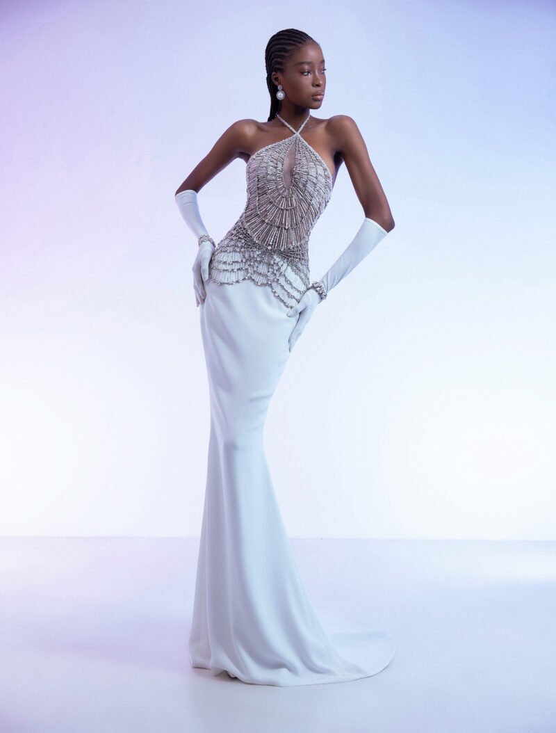 White Beaded Halter  Gown with Silver-White Embellishments - Image 5