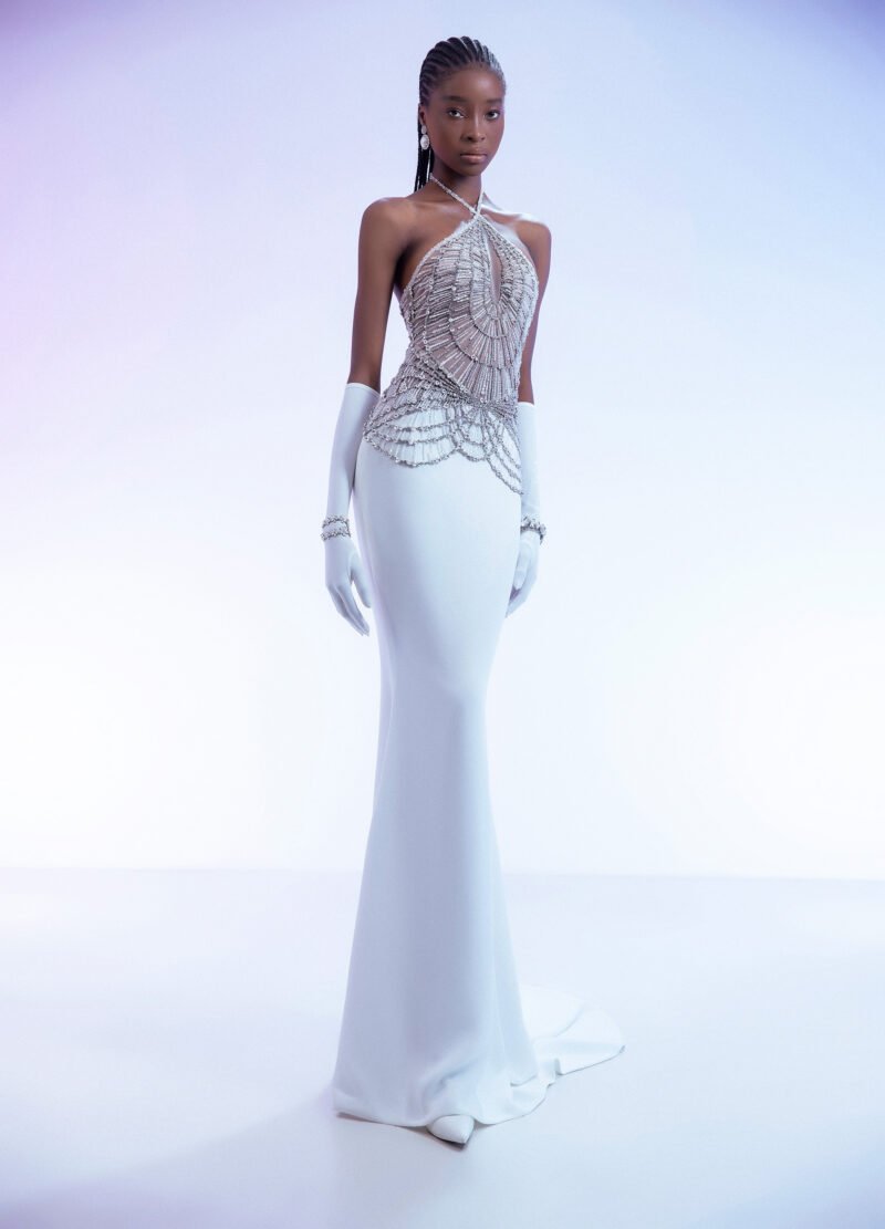 White Beaded Halter  Gown with Silver-White Embellishments - Image 3