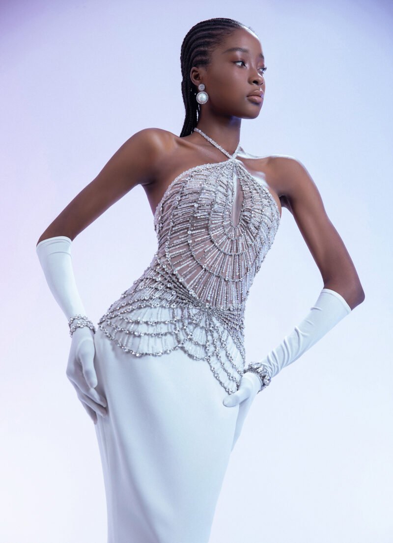 White Beaded Halter  Gown with Silver-White Embellishments