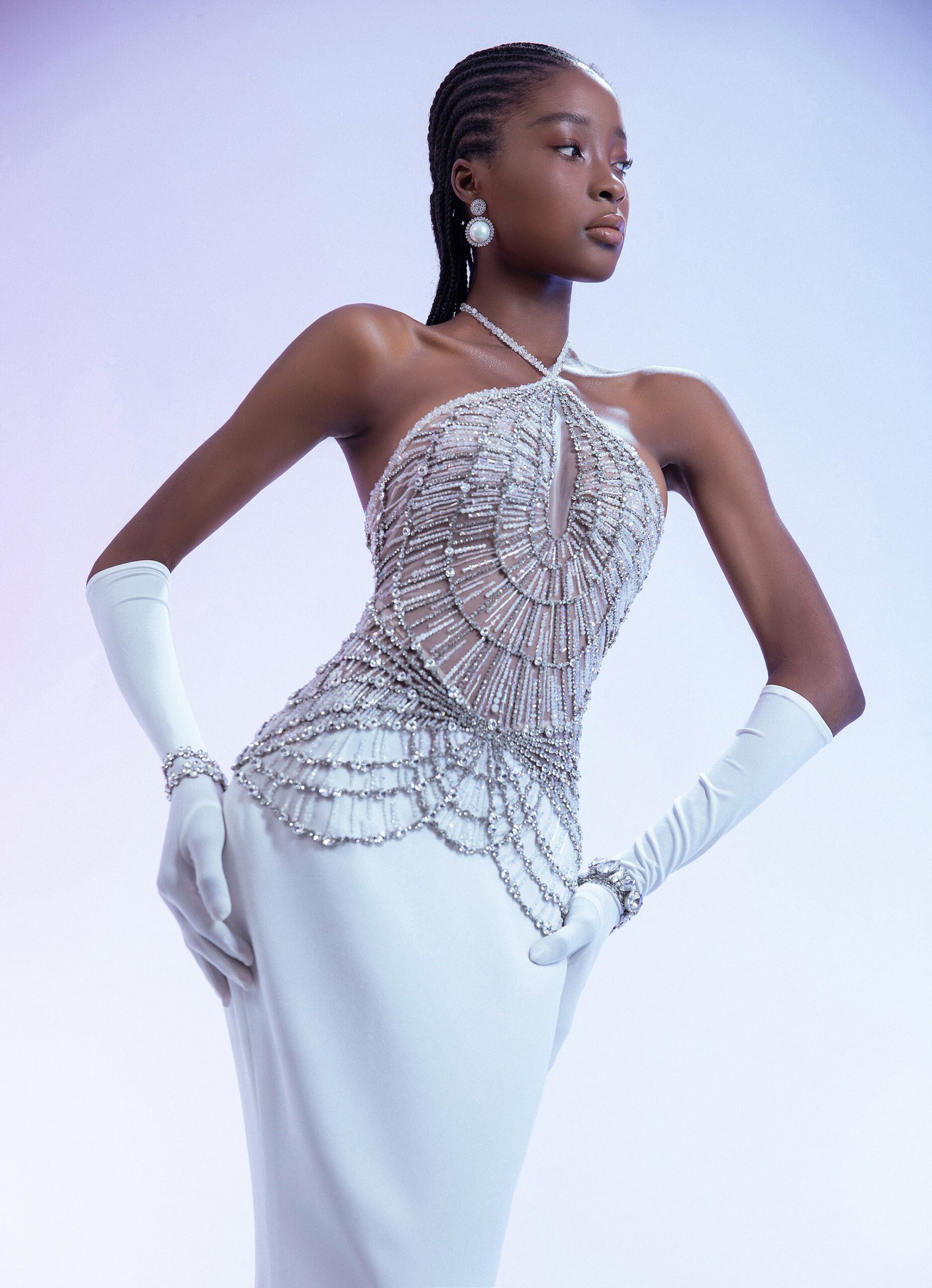 White Beaded Halter  Gown with Silver-White Embellishments