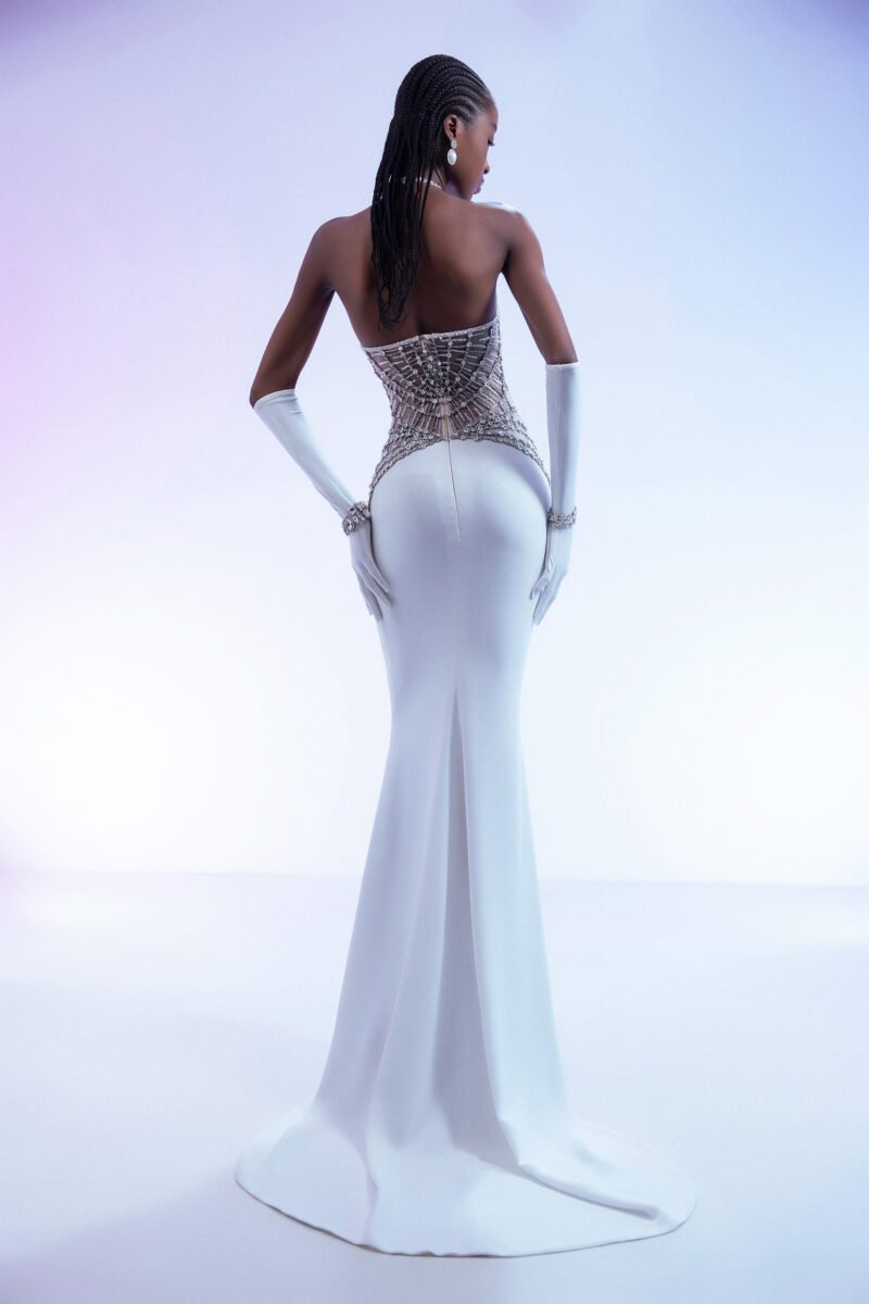 White Beaded Halter  Gown with Silver-White Embellishments - Image 4
