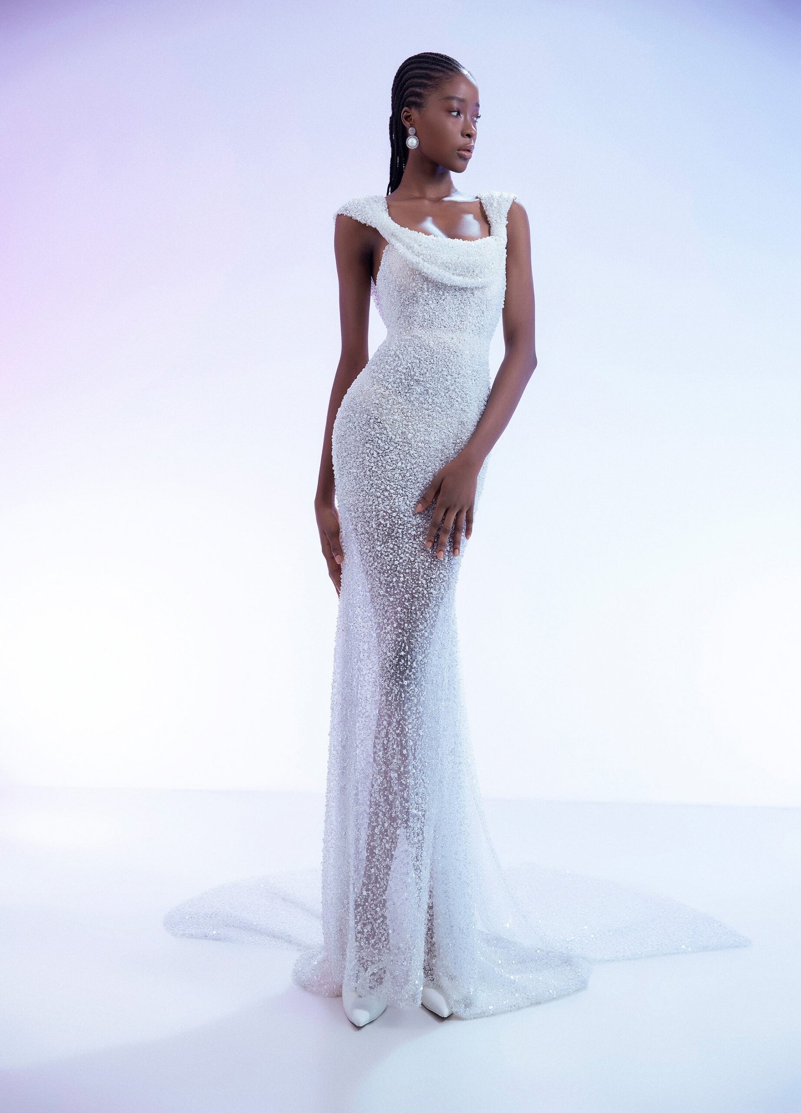 Asymmetrical Cowl Neck White Mermaid Gown with Full Embellishments