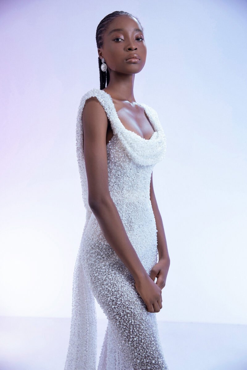 Asymmetrical Cowl Neck White Mermaid Gown with Full Embellishments - Image 3