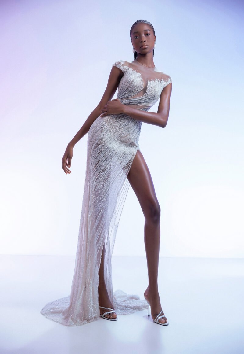 White Body- hugging Silhoutte Evening Gown with illusion neckline & Beads work - Image 3