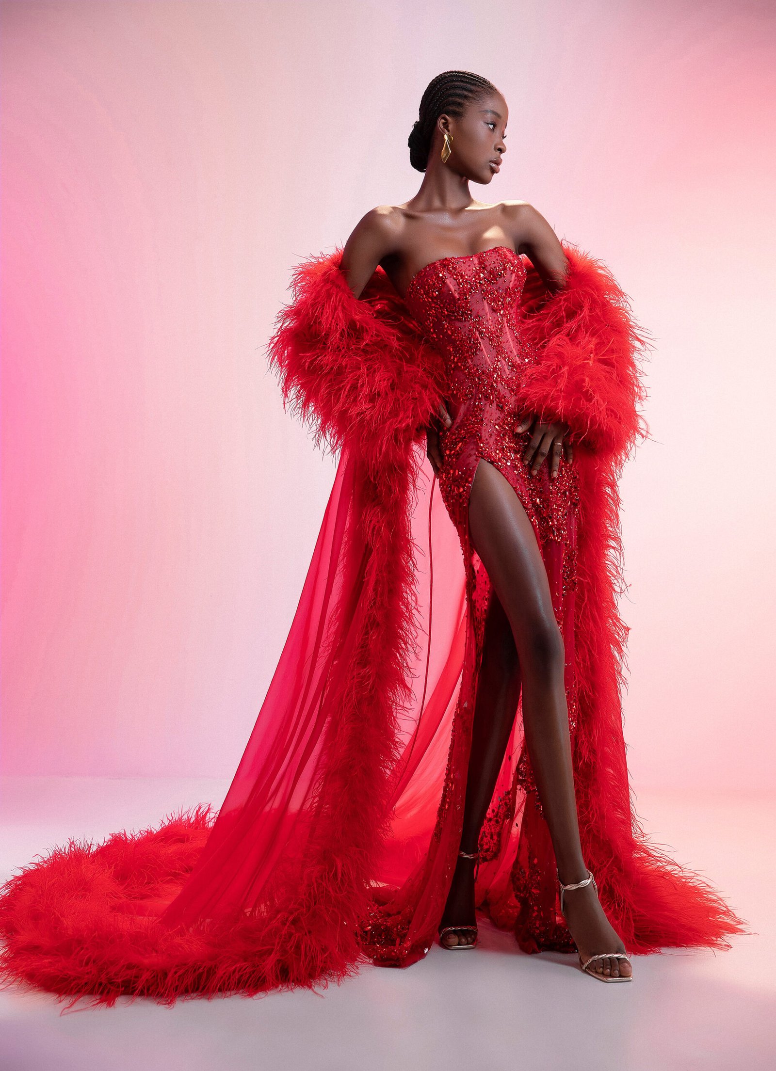 Strapless High-Slit Embellished Red Sheer Evening Gown with Shimmering Stones - Image 3