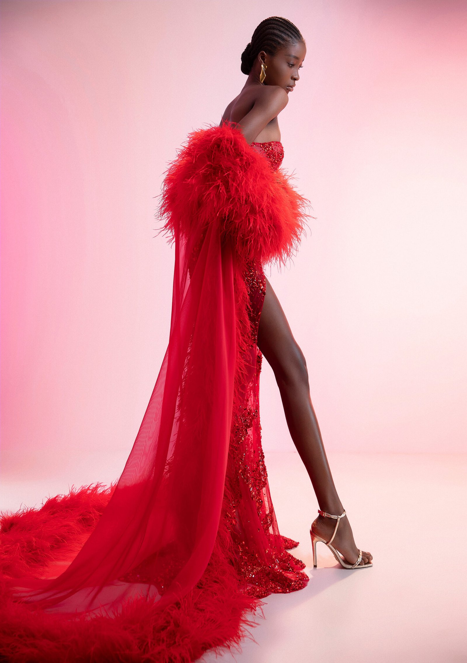 Strapless High-Slit Embellished Red Sheer Evening Gown with Shimmering Stones - Image 6