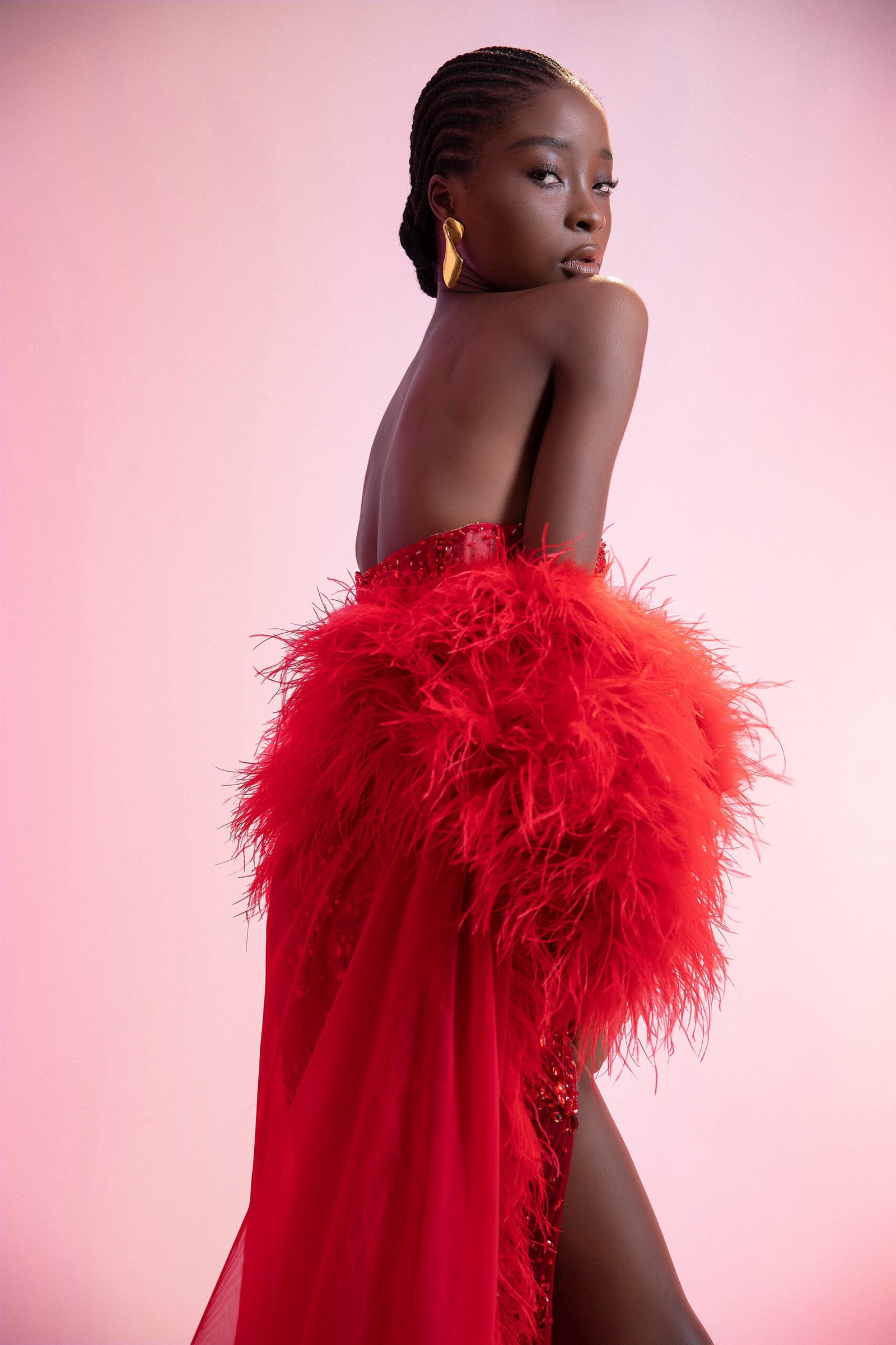 Strapless High-Slit Embellished Red Sheer Evening Gown with Shimmering Stones - Image 5