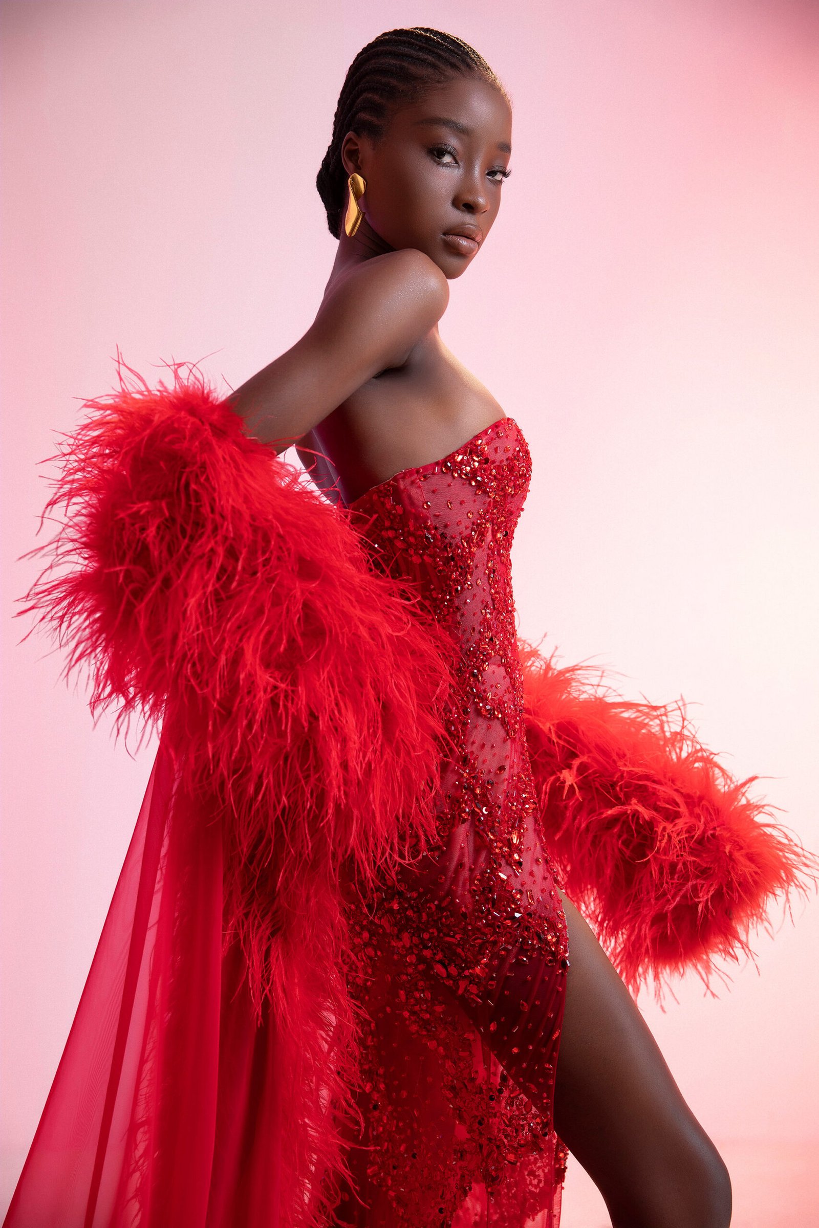 Strapless High-Slit Embellished Red Sheer Evening Gown with Shimmering Stones - Image 4