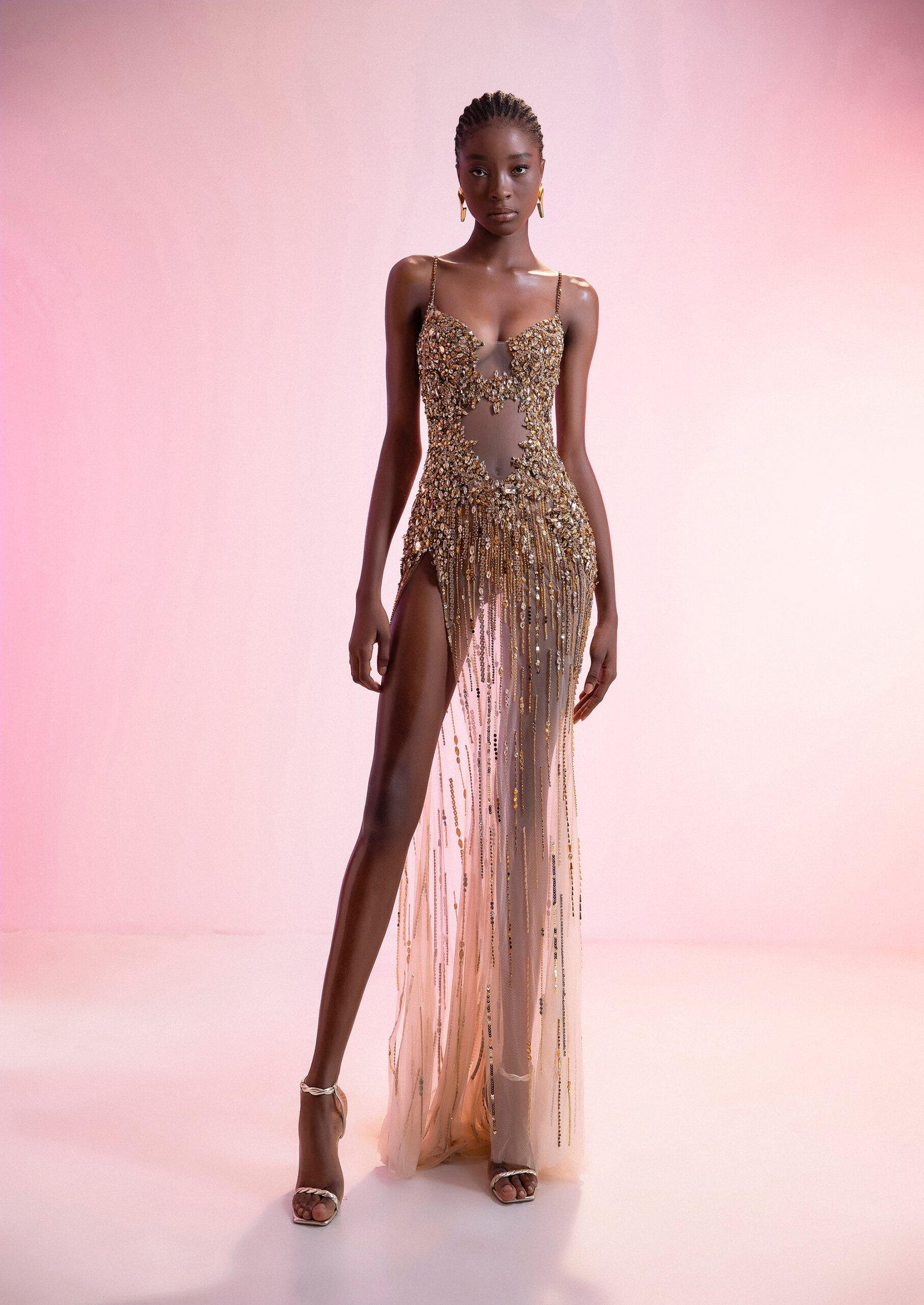 Gold Beaded Spaghetti Strap Evening Gown with Deep V-Neckline