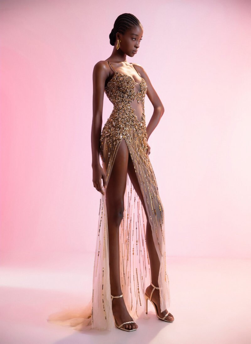 Gold Beaded Spaghetti Strap Evening Gown with Deep V-Neckline - Image 5