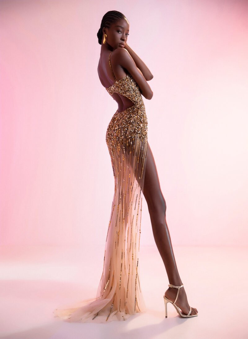 Gold Beaded Spaghetti Strap Evening Gown with Deep V-Neckline - Image 3