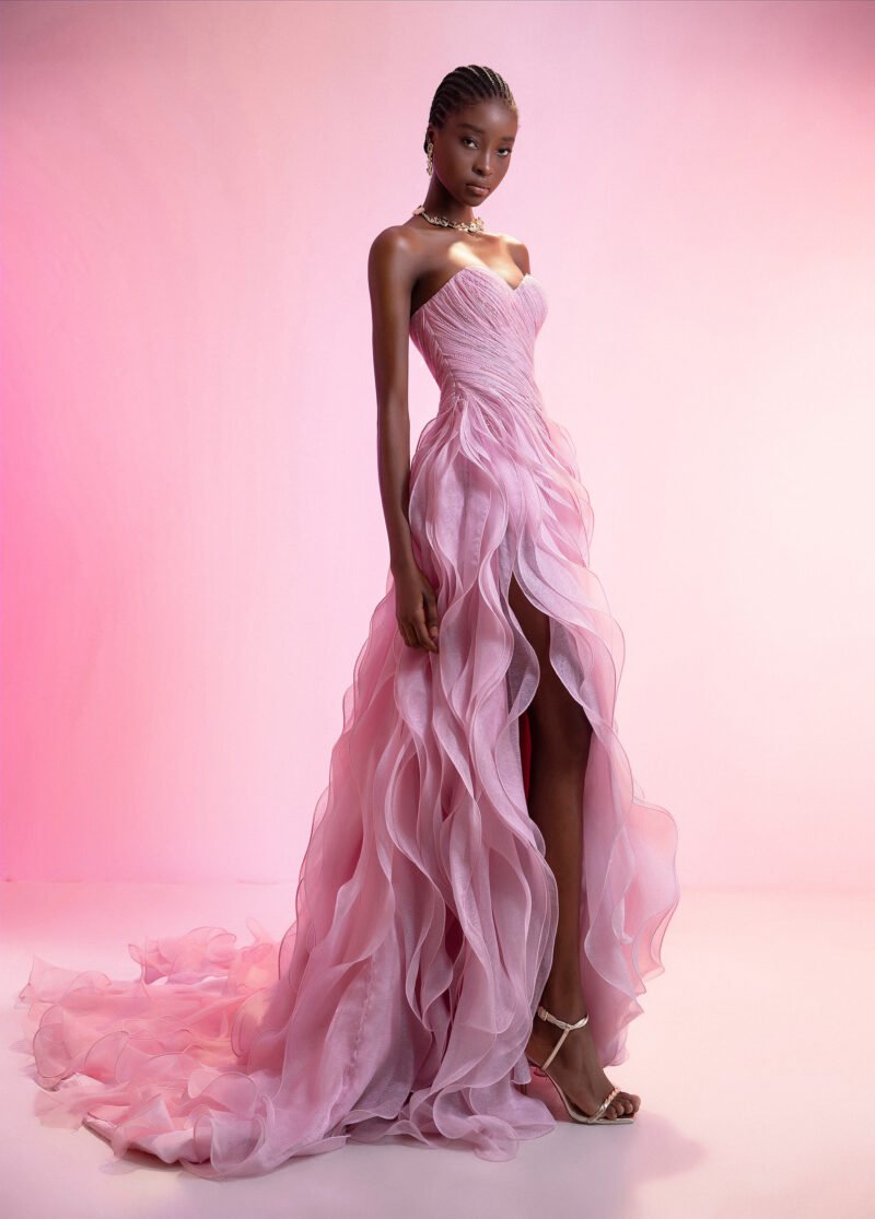 Strapless Sweetheart Pink Evening Gown with Dramatic Ruffled Chiffon Skirt - Image 2