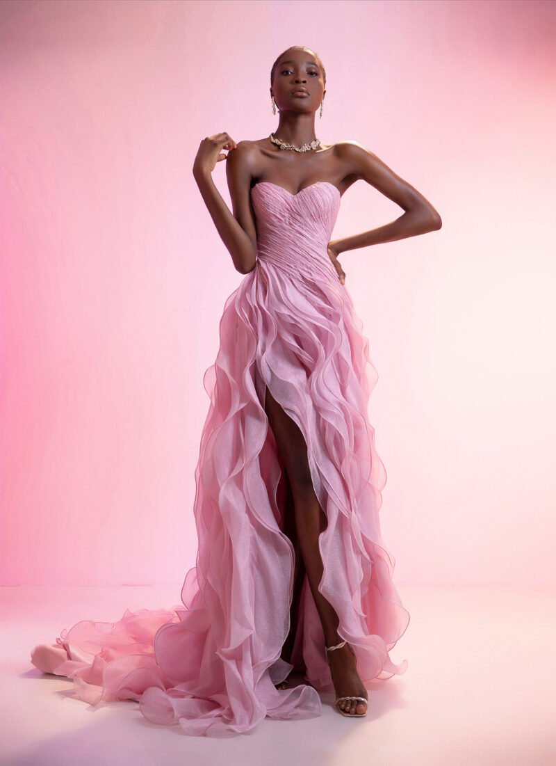 Strapless Sweetheart Pink Evening Gown with Dramatic Ruffled Chiffon Skirt - Image 4