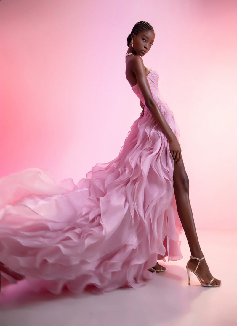 Strapless Sweetheart Pink Evening Gown with Dramatic Ruffled Chiffon Skirt - Image 5