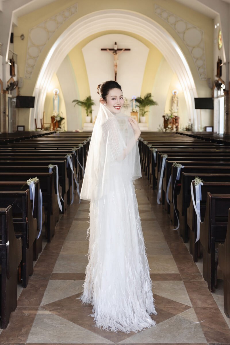Hand-Embellished Crystal White Bridal Gown with Feather Accents - Image 5