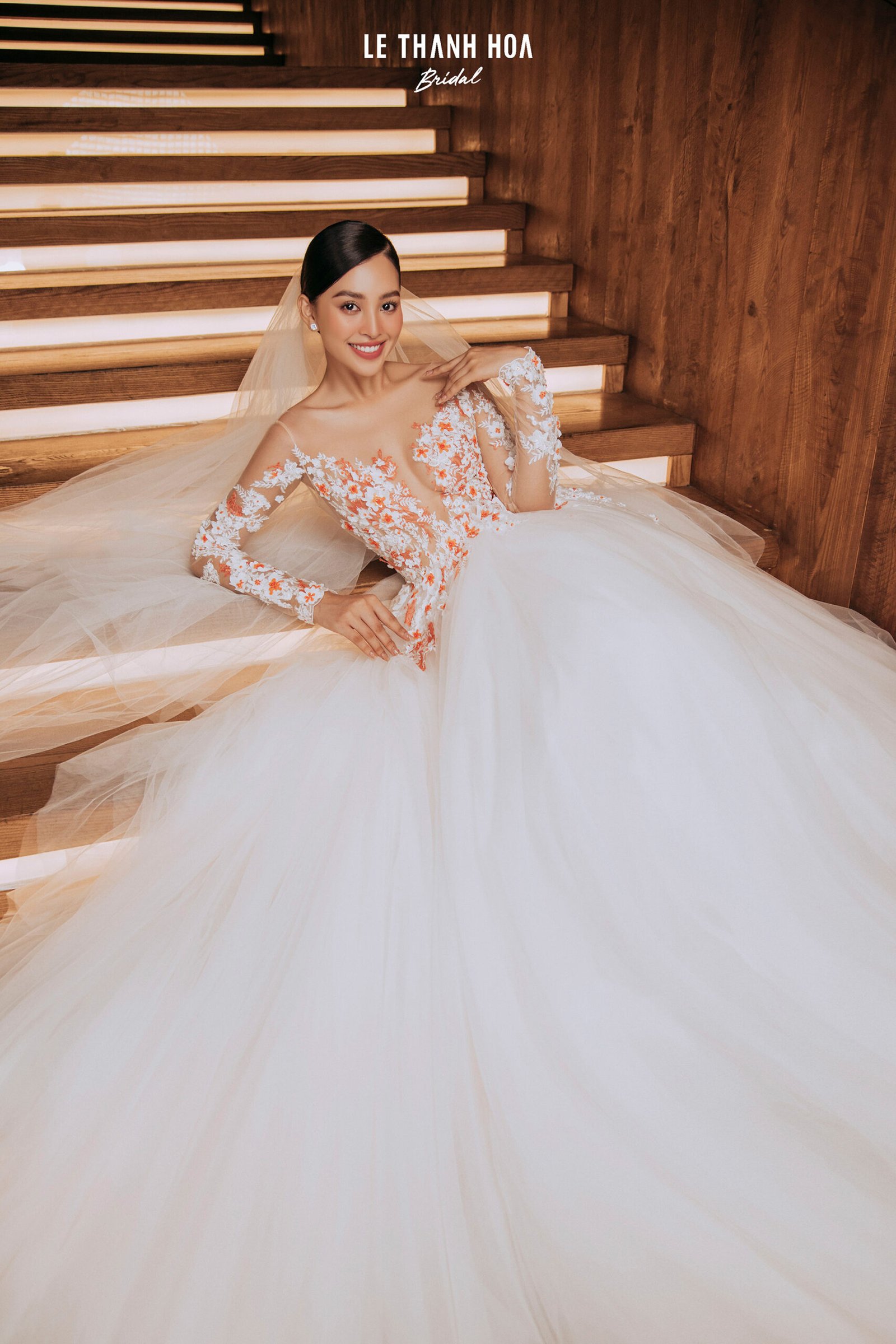 White Floral Motifs & Lace Embroidered Bridal Gown