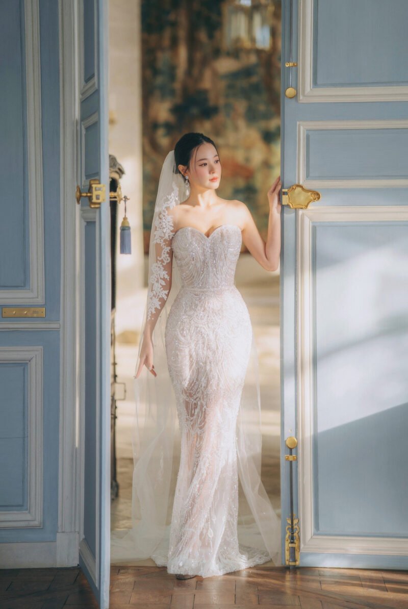 White Mermaid Wedding Gown with Hand-Embellished Lace - Image 2