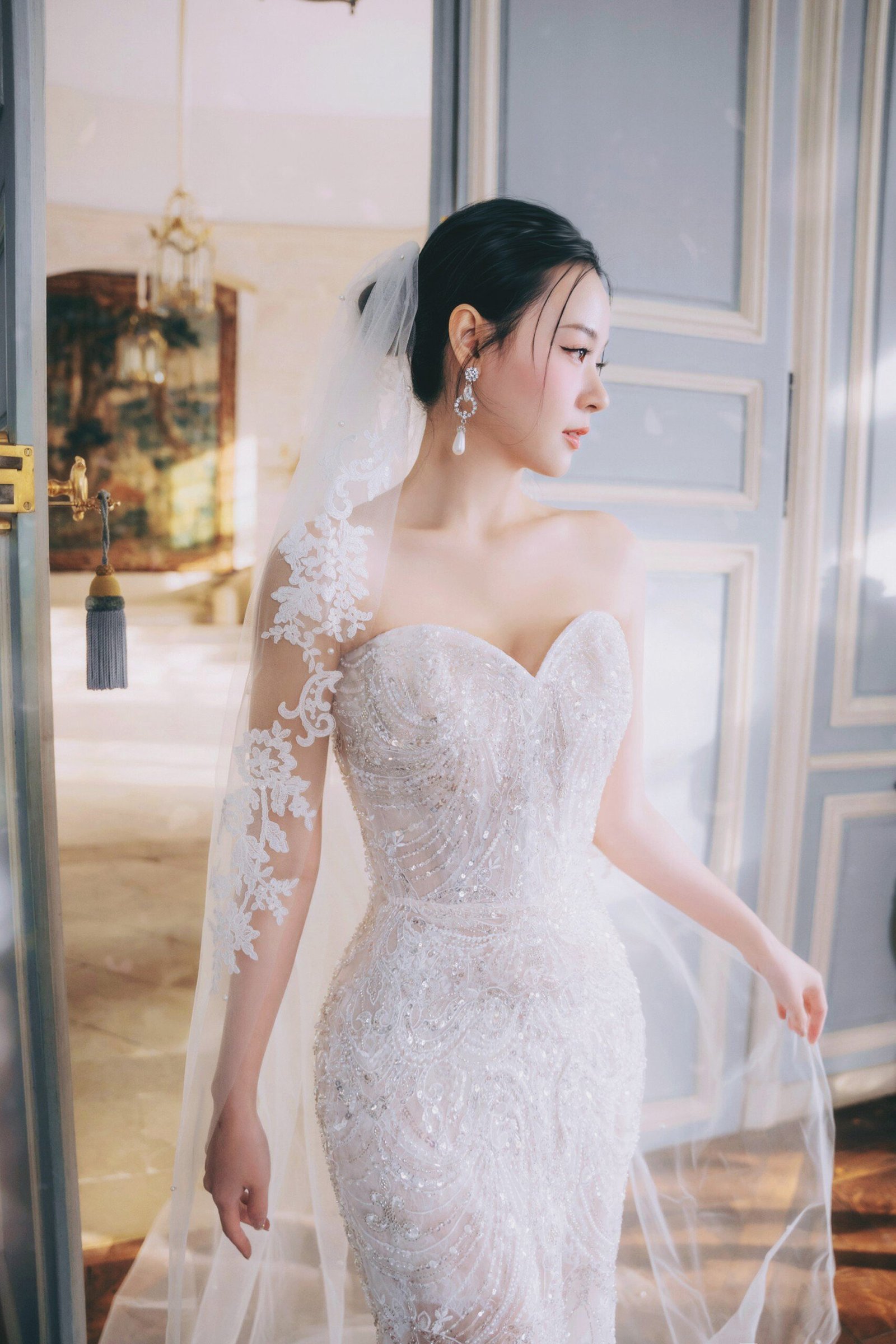 White Mermaid Wedding Gown with Hand-Embellished Lace