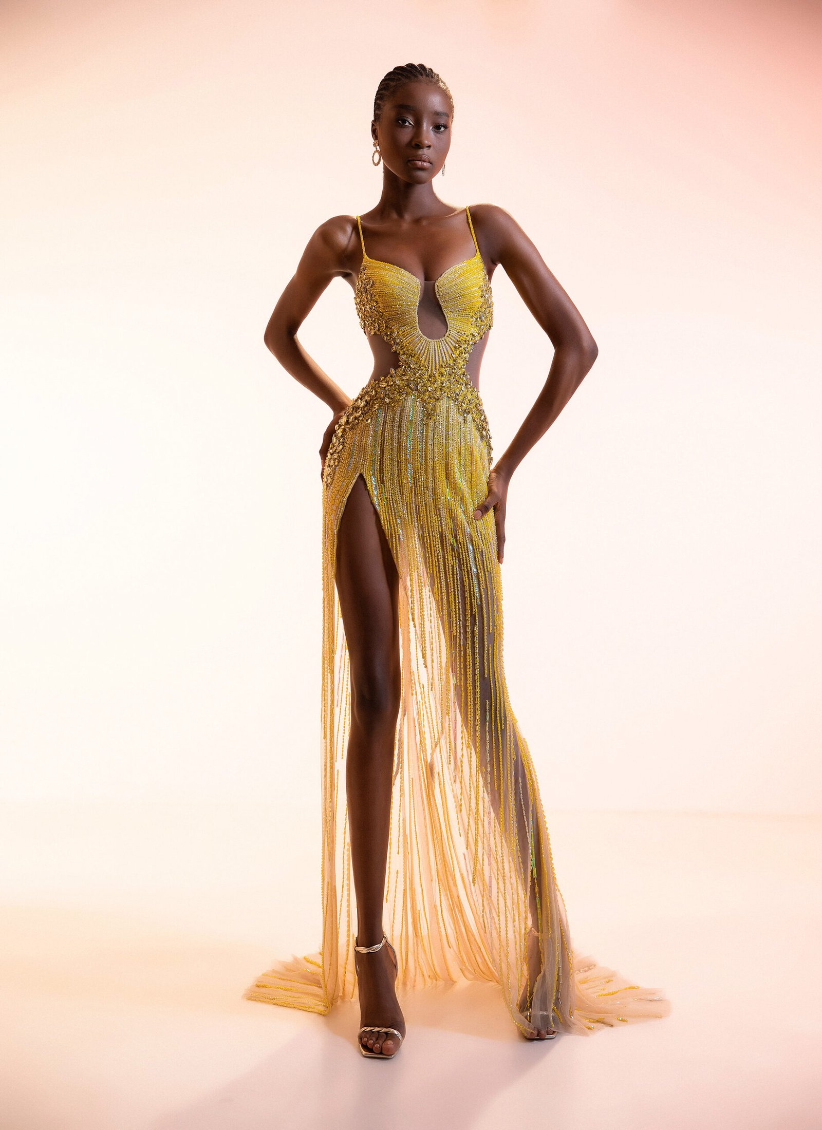 Radiant Gold Tulle Gown with Hand-Beaded Work & High Slit Evening Gown